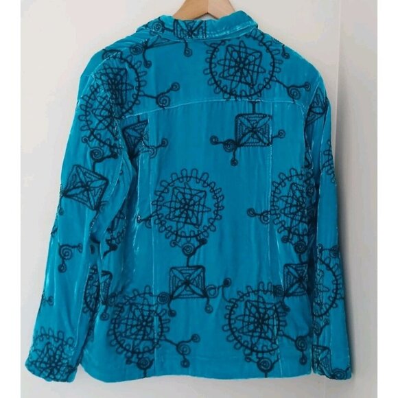 Vtg Chico’s Velvet Embroidered Button Down Silk Jacket Top Size 1 Medium 8 Blue - Picture 6 of 8